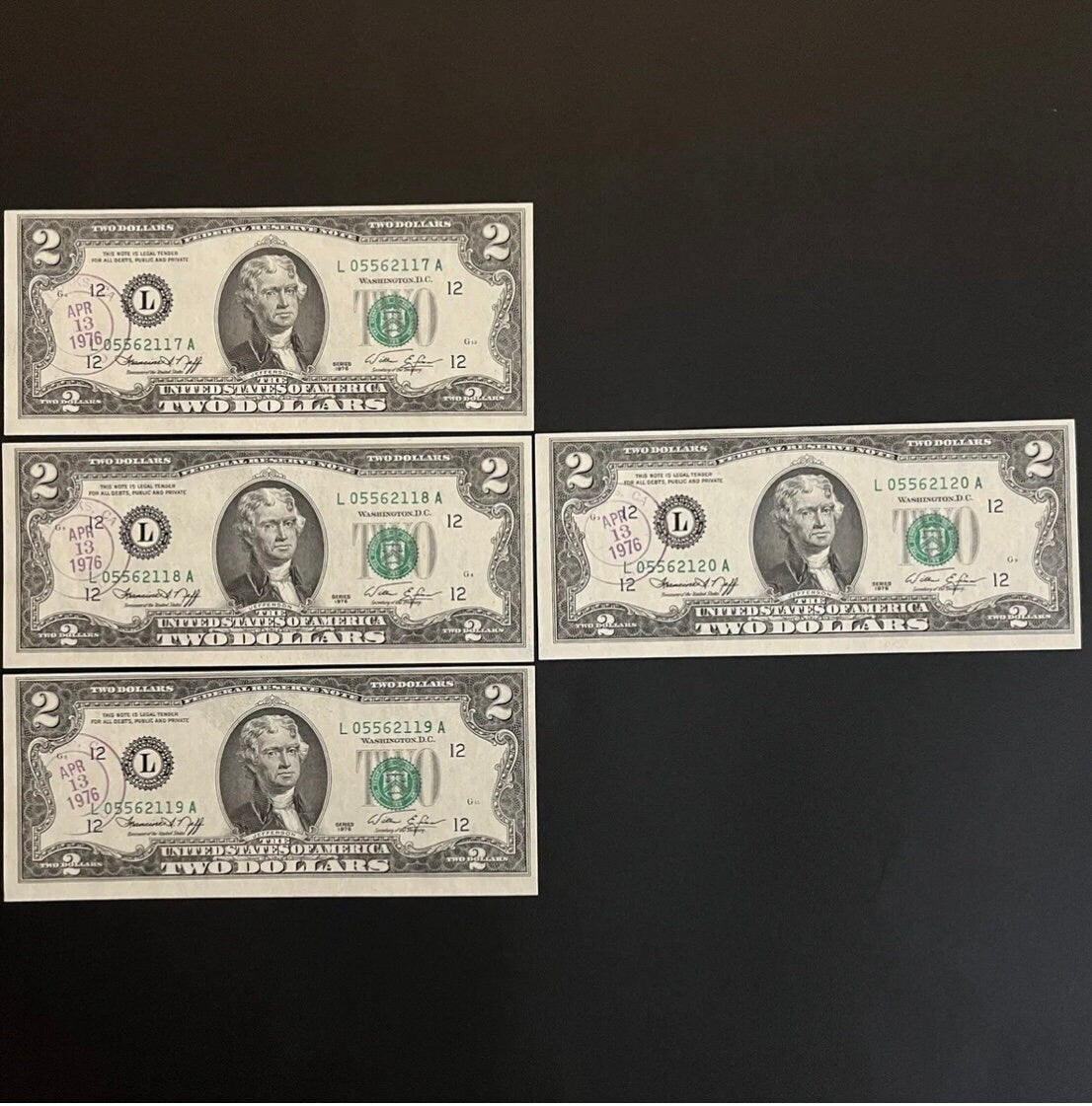 1976 Lot of 4 - 2 Dollar First Day Issue FAIR OAKS CA Fed Res Notes Consecutive Serial