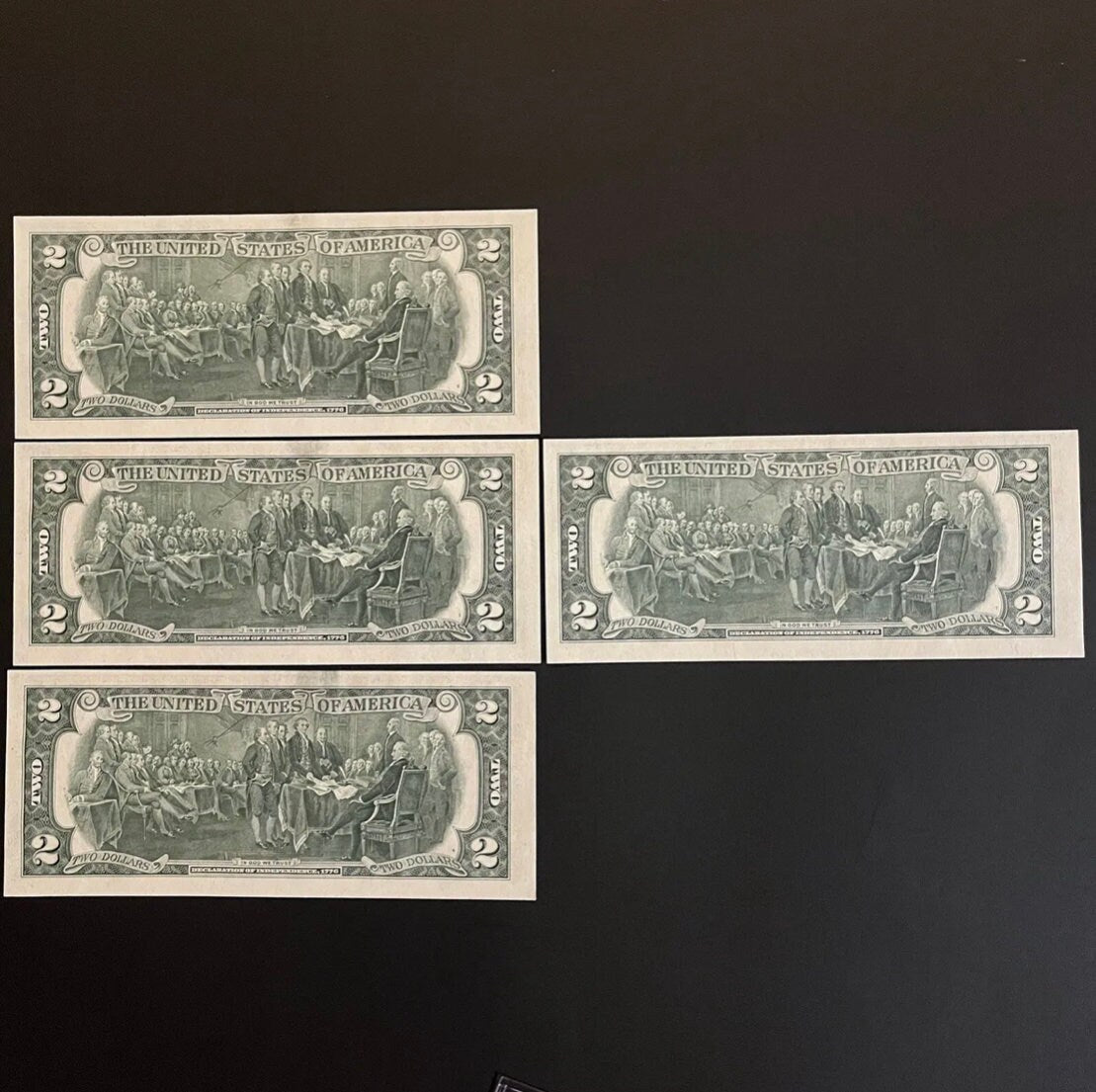 1976 Lot of 4 - 2 Dollar First Day Issue FAIR OAKS CA Fed Res Notes Consecutive Serial