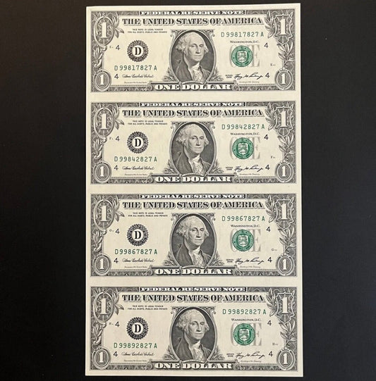 2006 1 Dollar Federal Reserve Note BEP SHEET 4 Uncut UNCIRCULATED Notes