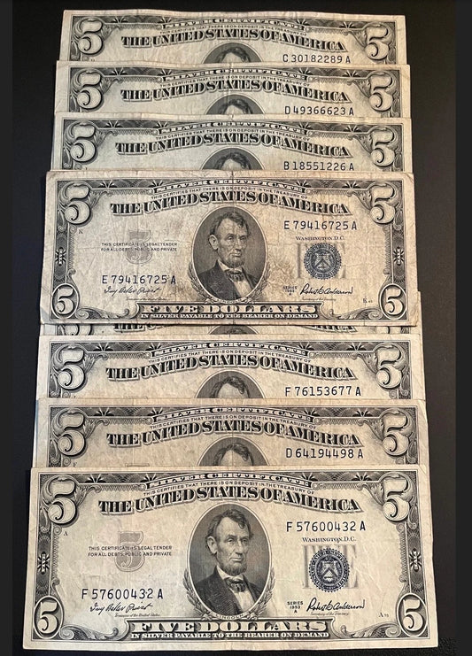 1953 5 Dollar Blue Silver Certificate 5 United States Federal Reserve Bill Beautiful Note - 1 Note