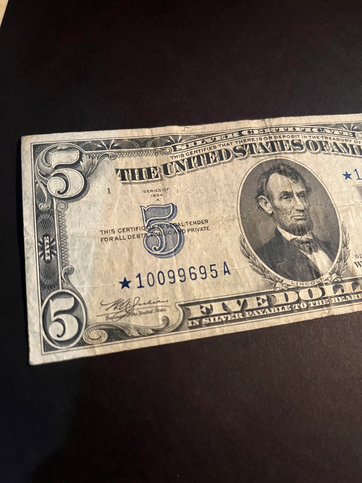 1934 STAR 5 Dollar Bill Silver Certificate US Legal Tender Rare & Historical