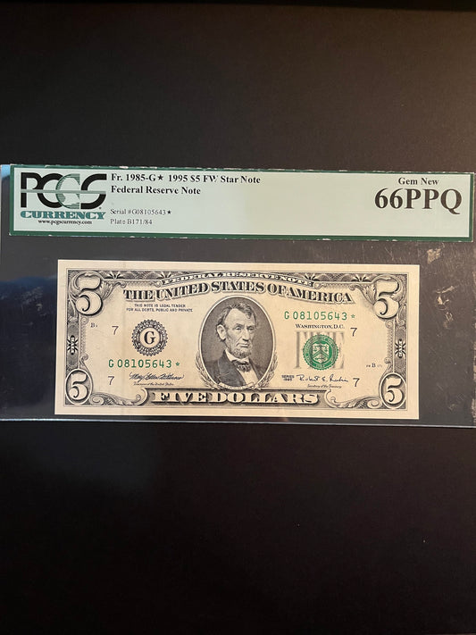 1995 5 Dollar Federal Reserve *STAR* Note - Fr. 1985-F* - PCGS Gem New 66 PPQ