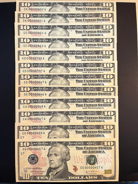 2004 10 Dollar Bill Low Serial Number Fancy Serial Number 6 Different Pairs Price Is for 1 Note Crisp Unc