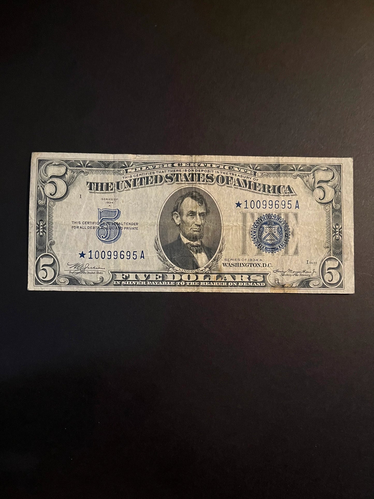 1934 STAR 5 Dollar Bill Silver Certificate US Legal Tender Rare & Historical