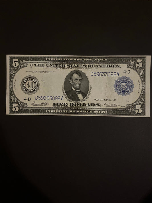 1914 US - 5.00 Federal Reserve Note - Series 1914 - NY Fed. - AU The Most Beautiful Note Serial 098A