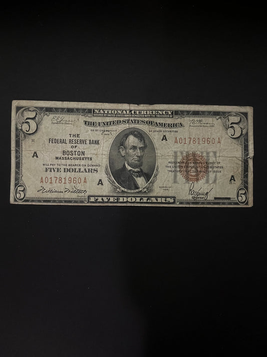 1929 5 Dollar Federal Reserve Bank of Boston Massachusetts National Currency Old US Vintage Paper Money