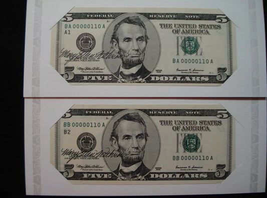 1999 Set of 2 5 Dollar Same Fancy Low  Serial 00000110 COURTESY AUTOGRAPHED 5 Dollae FRN's