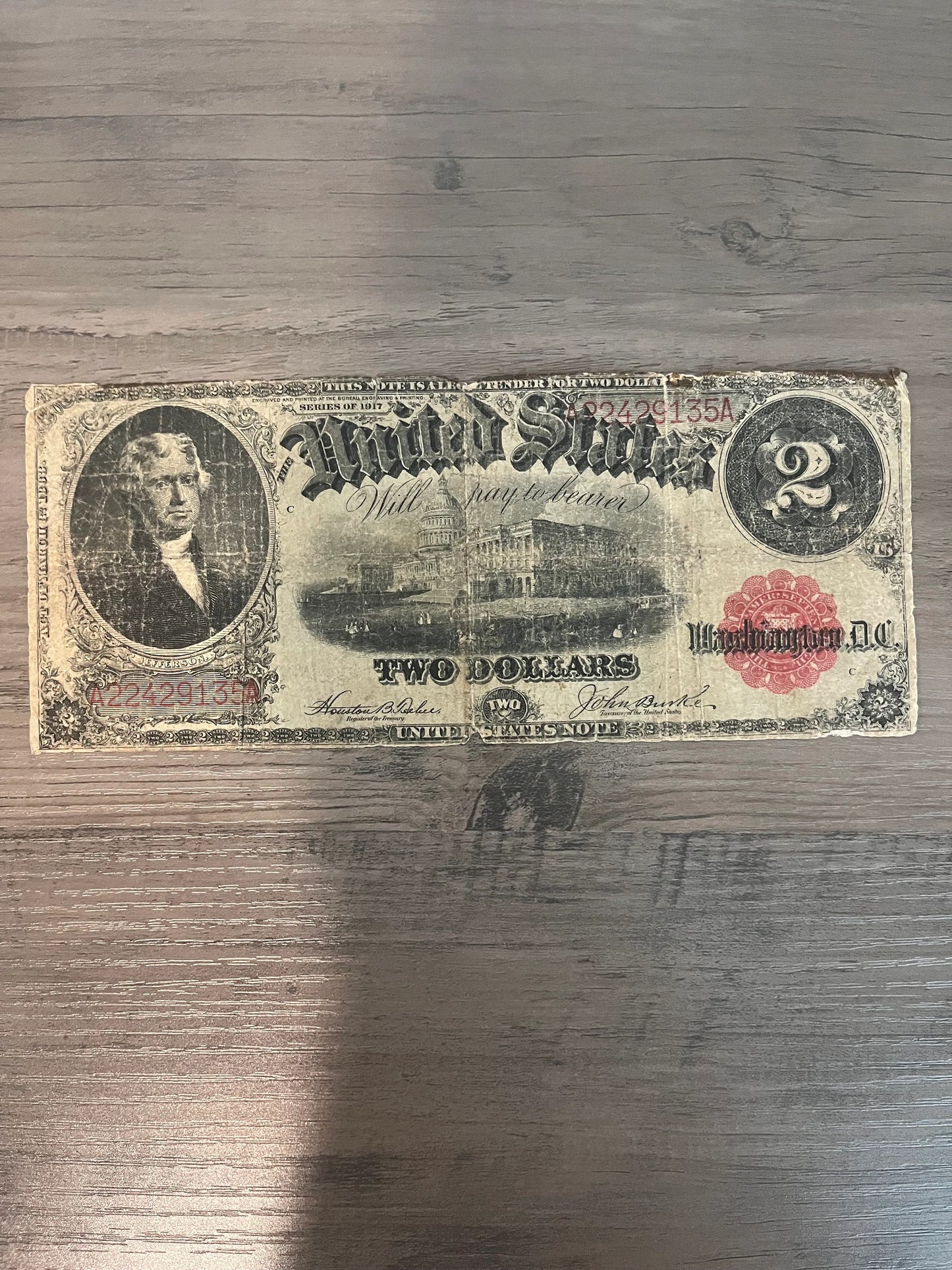 1917 2 Dollar Large Size US Paper, Money, Serial 9135A