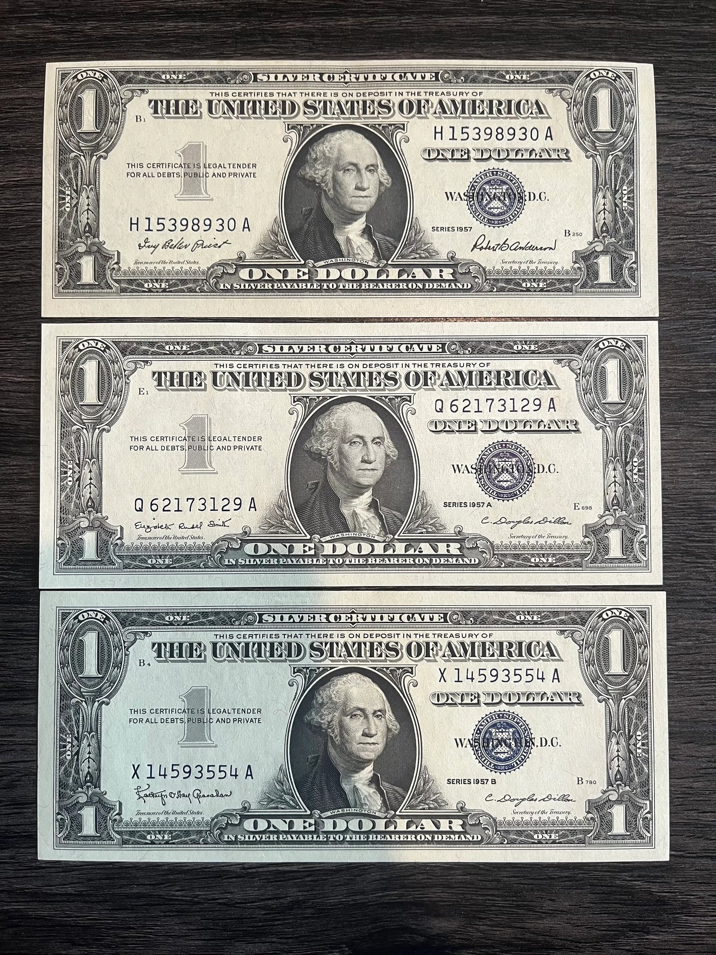 1957/A/B 1 Dollar Uncirculated Lot Of 3 Old US Silver Certificates