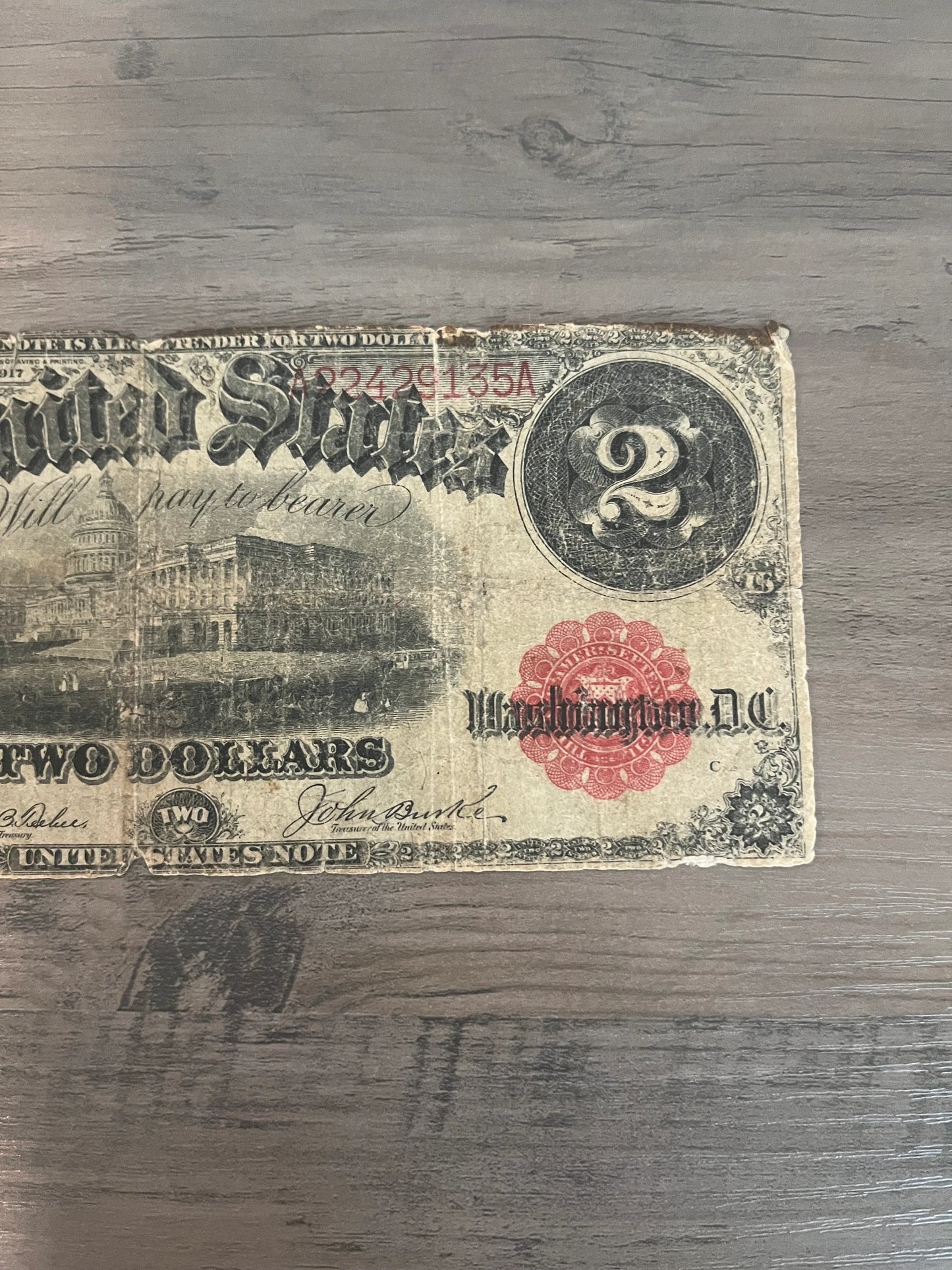 1917 2 Dollar Large Size US Paper, Money, Serial 9135A