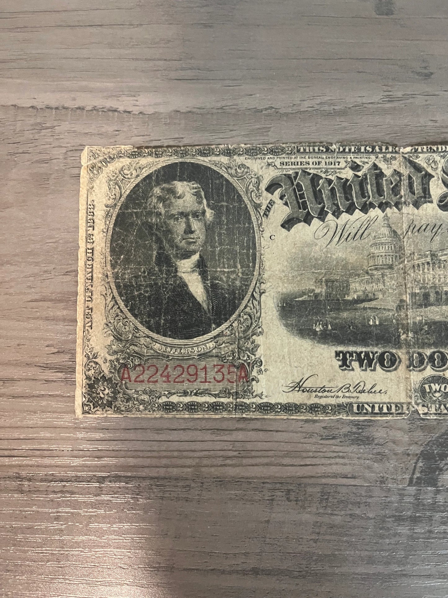 1917 2 Dollar Large Size US Paper, Money, Serial 9135A