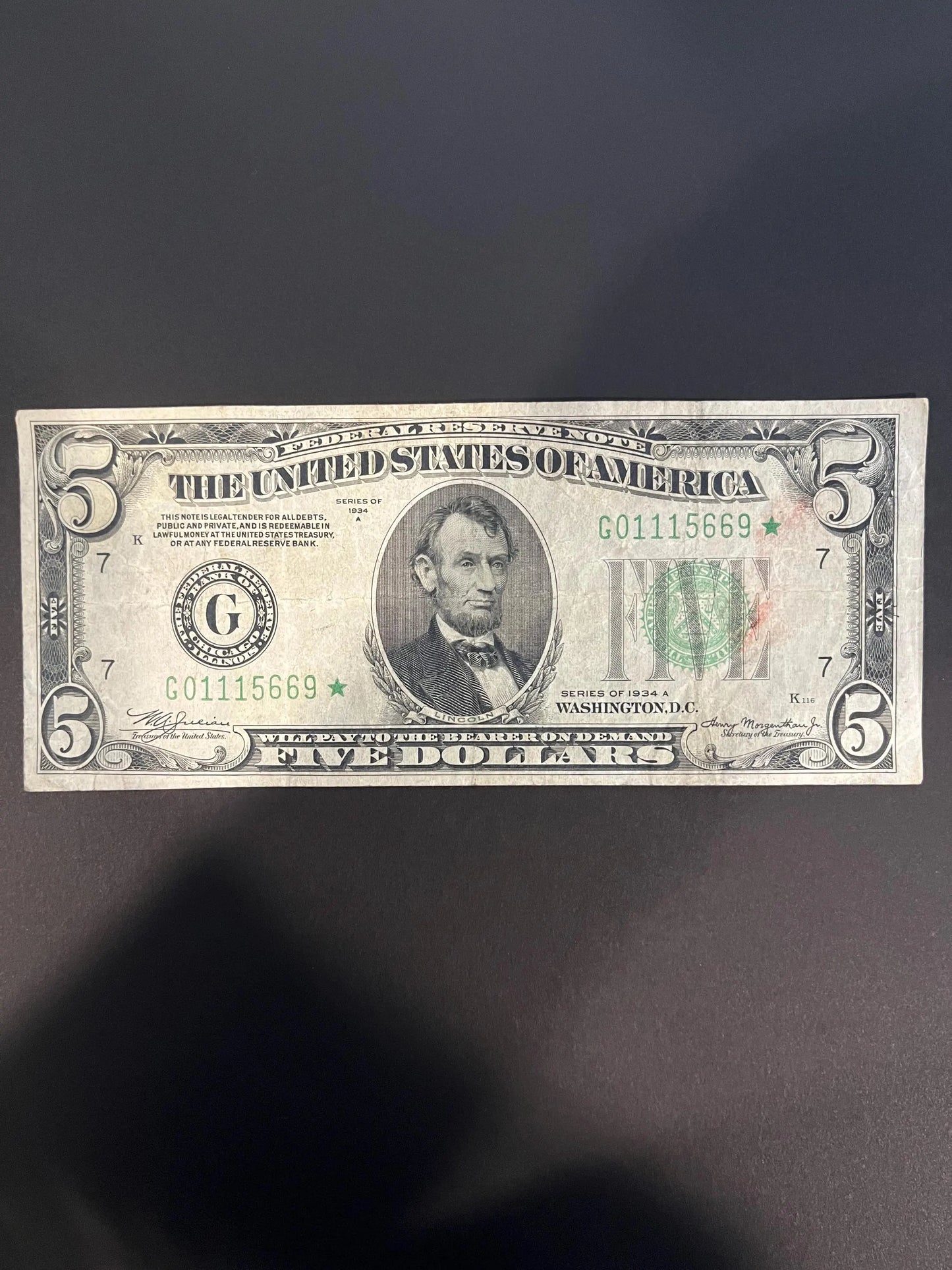 1934A $5 Star Note Green Seal