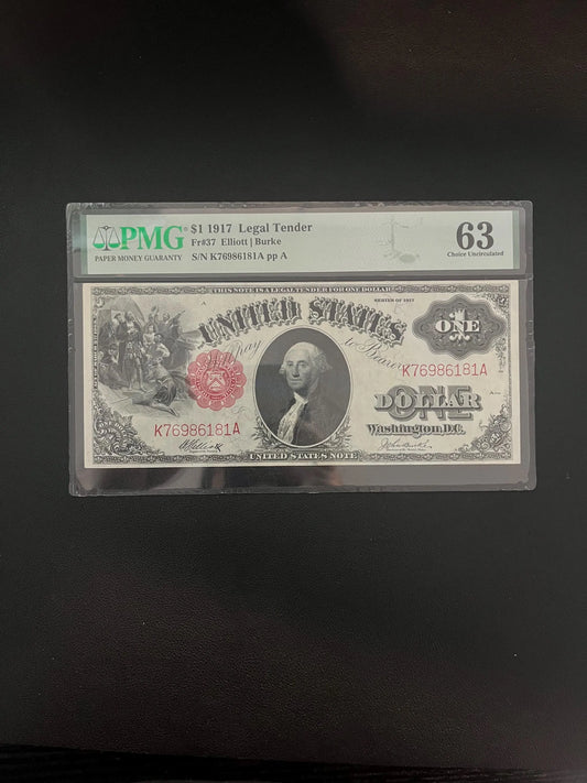 1917 1 Dollar Bill Large Size Old Paper Money United States - PMG 63