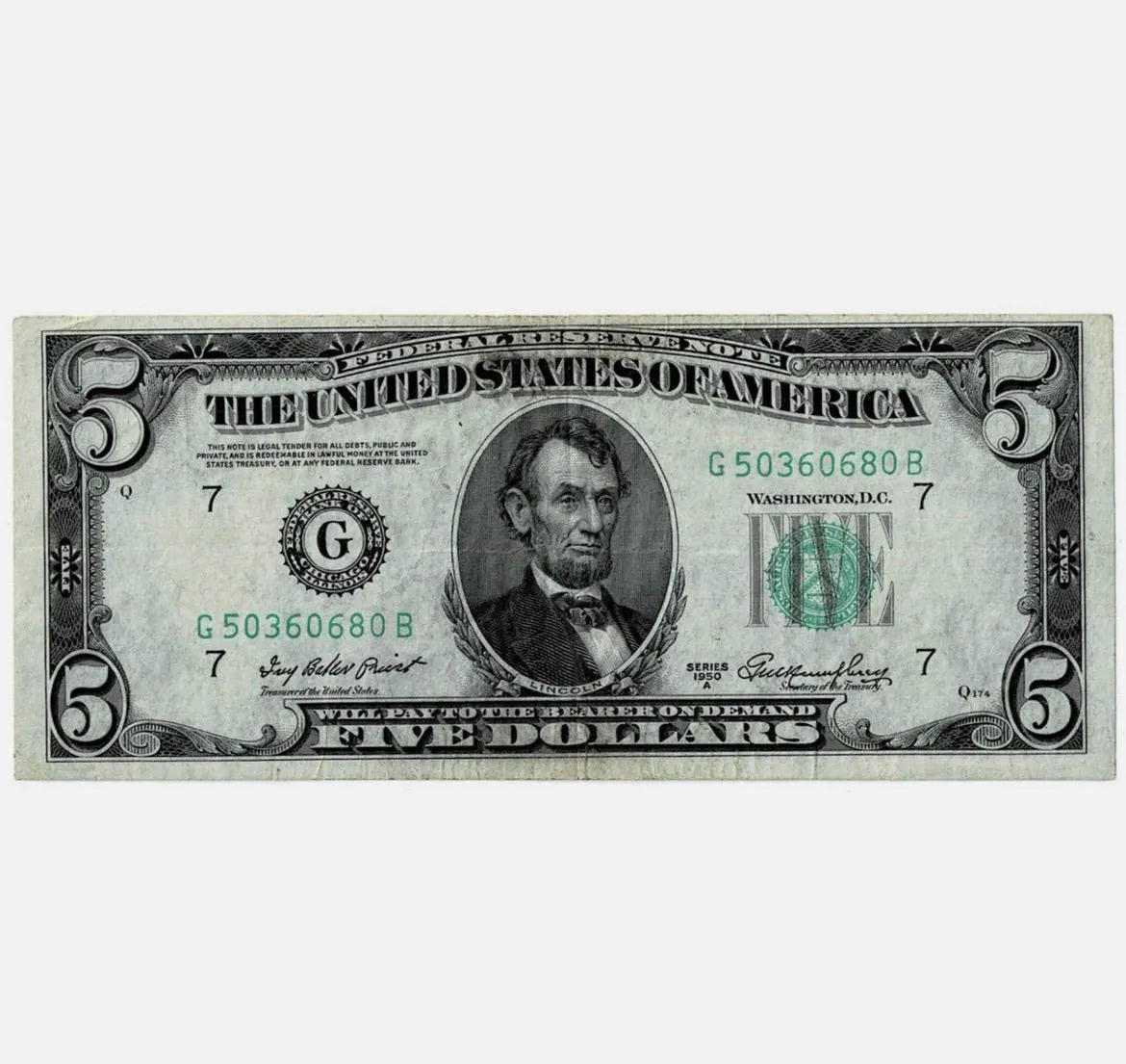 1950-A 5 Dollar Federal Reserve Note VF/XF Error