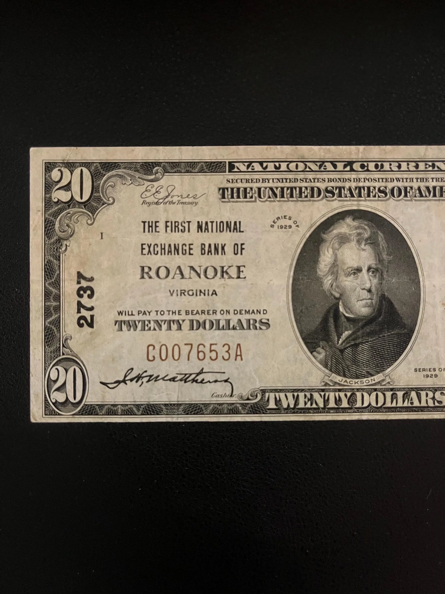 1929 20 Dollar U.S. National Currency Roanoke,  Virginia