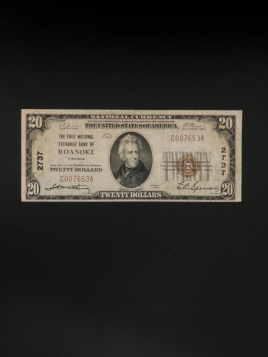 1929 20 Dollar U.S. National Currency Roanoke,  Virginia